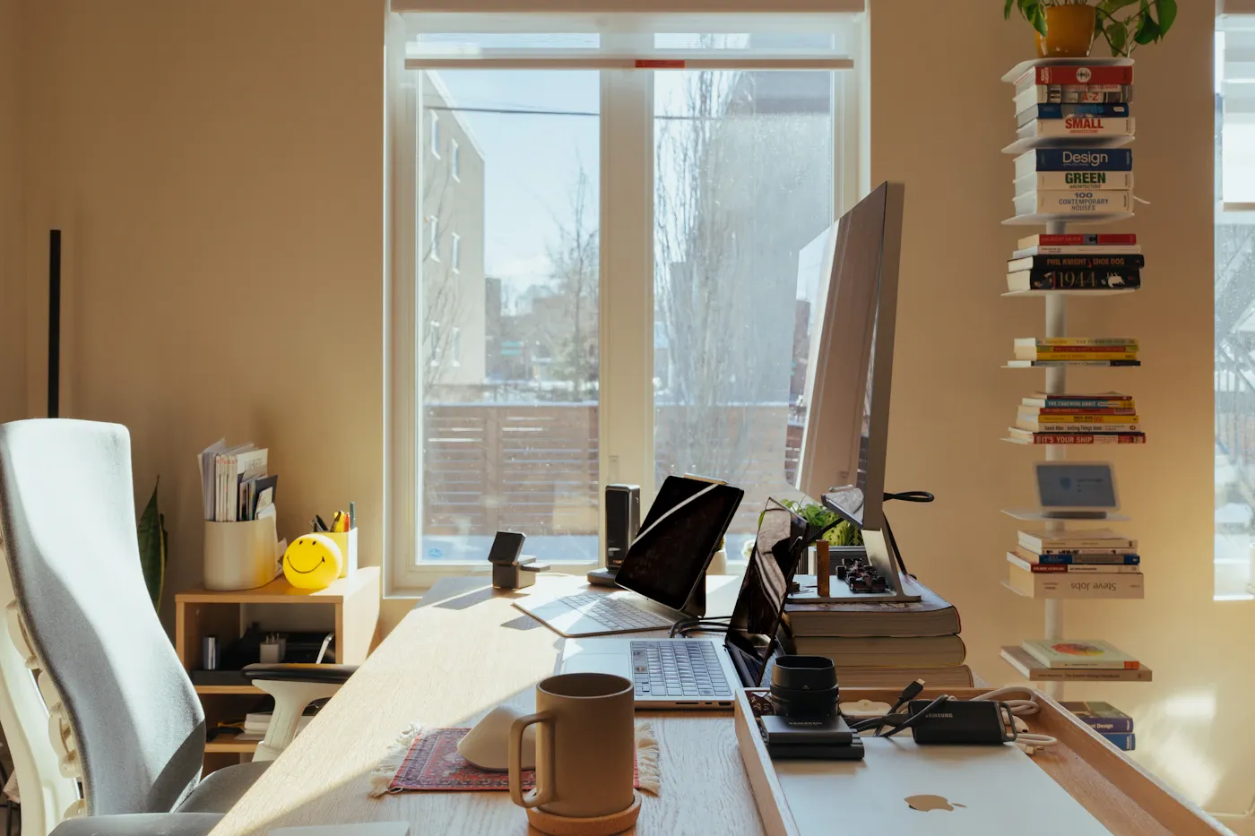 Sunlit office desk with books, computer, and plant